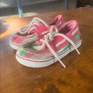 Sperry Bahama Crib Top Siders Pink Green Multi Plaid Size 4M
